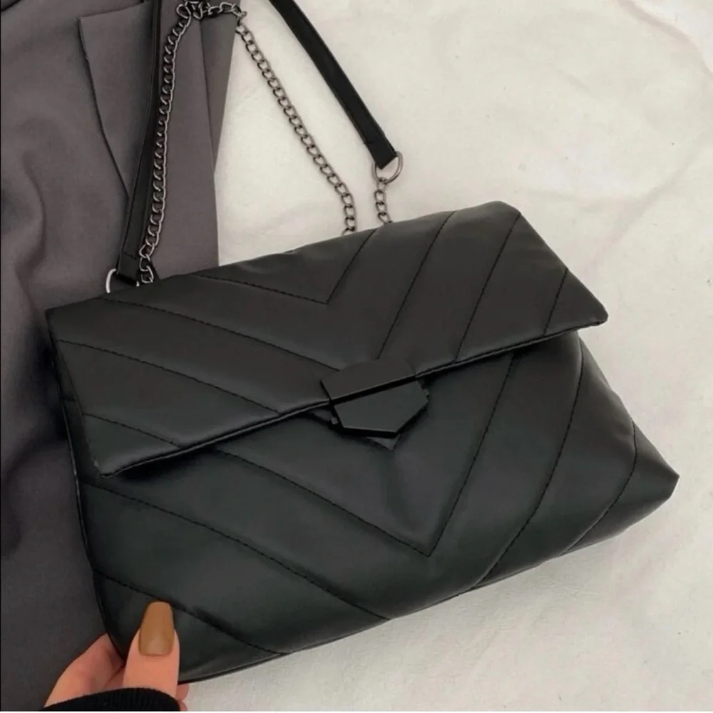 Vegan Leather Black Quilted Shoulder Bag with Chain Straps - Picture 4 of 5